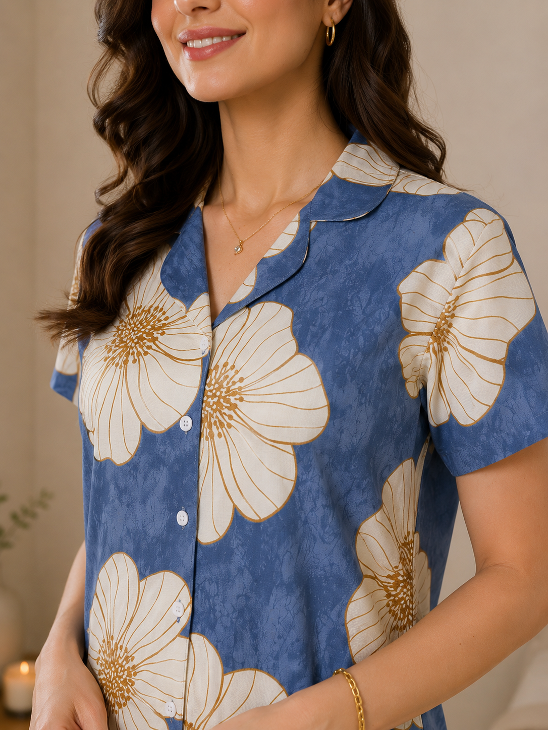 Blue Color Viscose Rayon Floral Printed Night Suit for Women | Claura