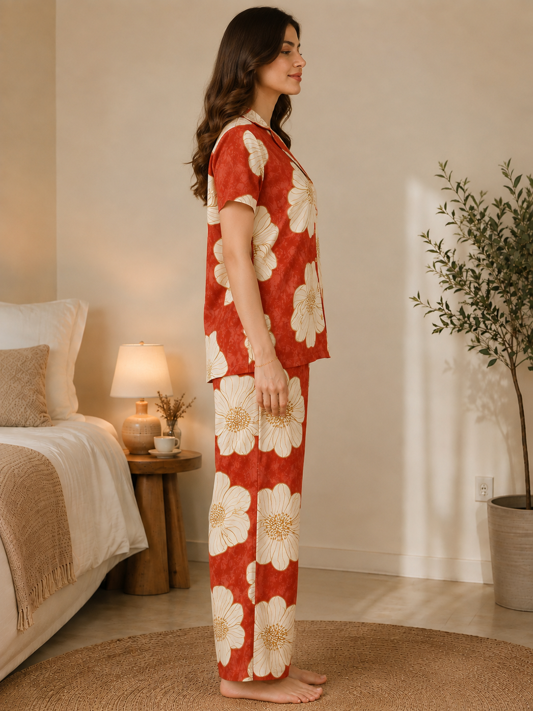 Red Color Viscose Rayon Floral Printed Night Suit for Women | Claura