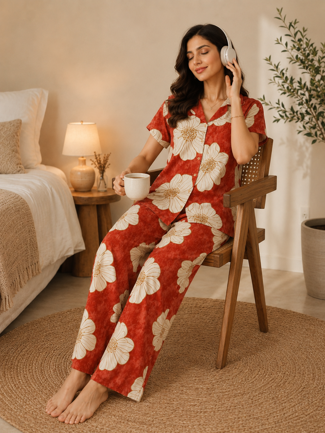 Red Color Viscose Rayon Floral Printed Night Suit for Women | Claura