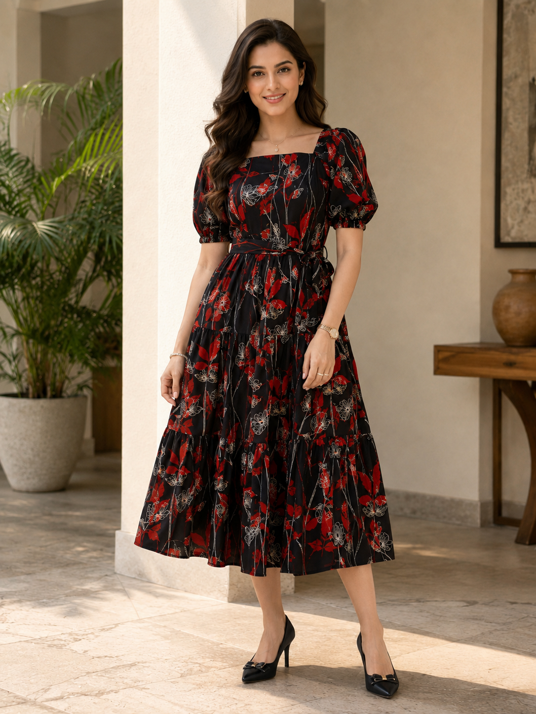 Red Floral Print Cotton Square Neck A-Line Midi Dress | Claura