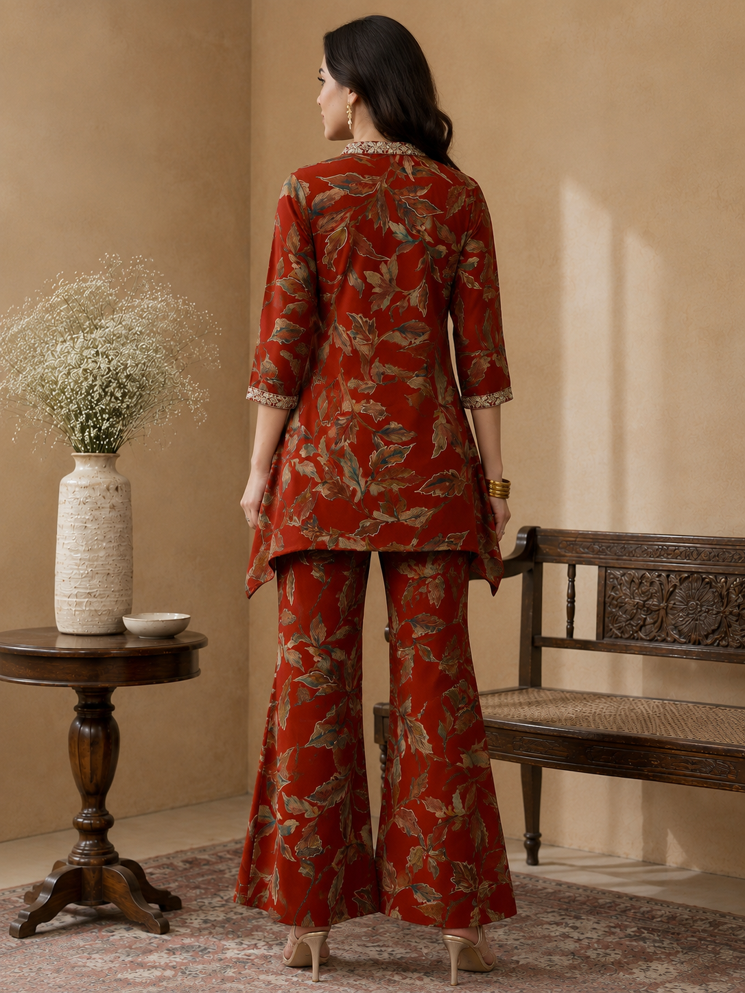Rust Orange Floral Printed V-Neck Tunic with Printed Trousers Co-Ord Set