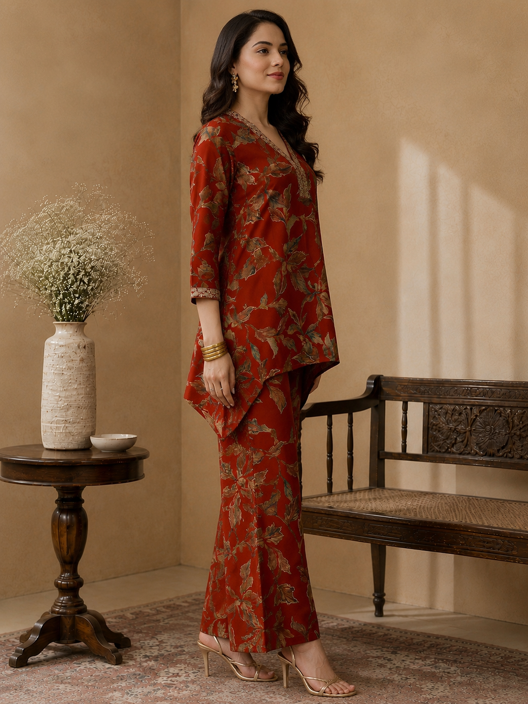 Rust Orange Floral Printed V-Neck Tunic with Printed Trousers Co-Ord Set