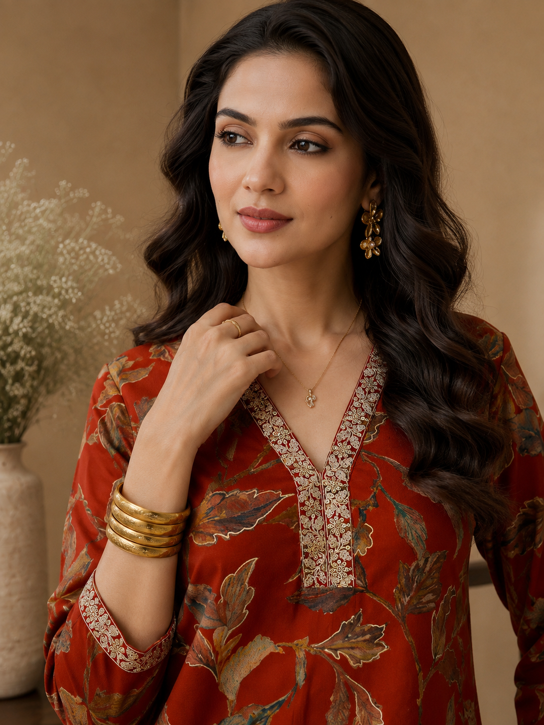 Rust Orange Floral Printed V-Neck Tunic with Printed Trousers Co-Ord Set