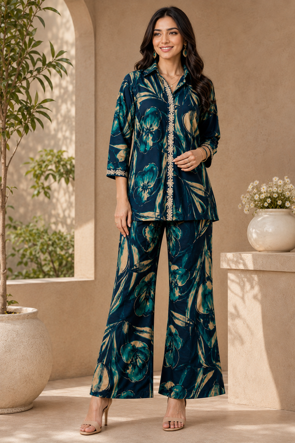 Blue Floral Print Shirt Collar Co-Ord Set with Trousers | Claura