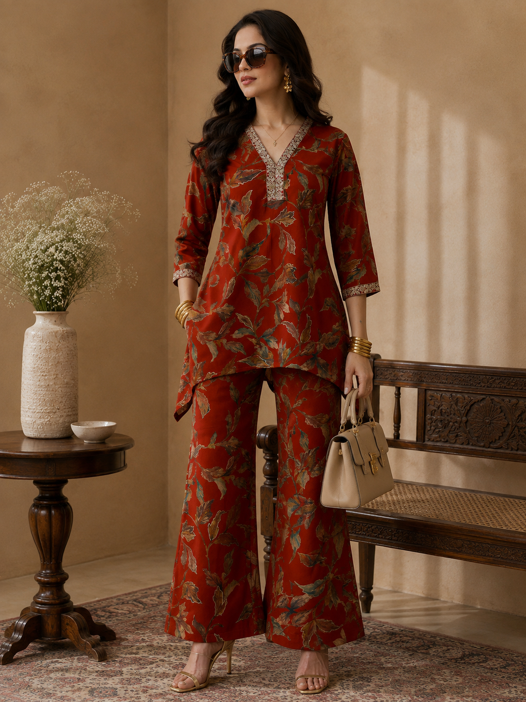 Rust Orange Floral Printed V-Neck Tunic with Printed Trousers Co-Ord Set