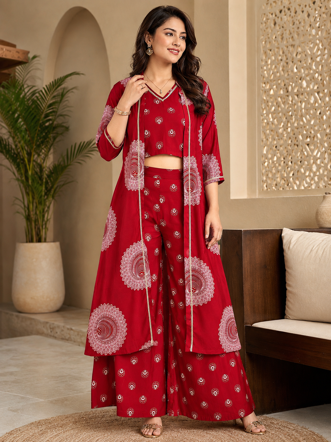 Red Ethnic Chanderi Silk Co-Ord Set for Women with Jacket