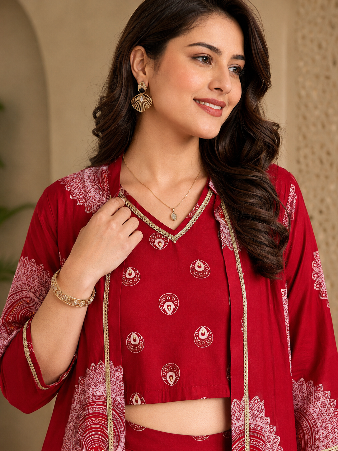 Red Ethnic Chanderi Silk Co-Ord Set for Women with Jacket