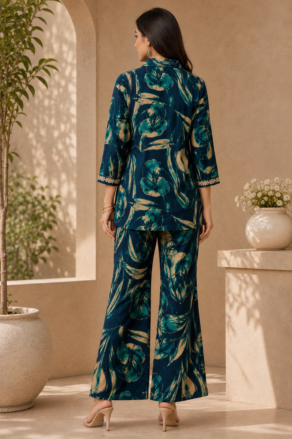 Blue Floral Print Shirt Collar Co-Ord Set with Trousers | Claura