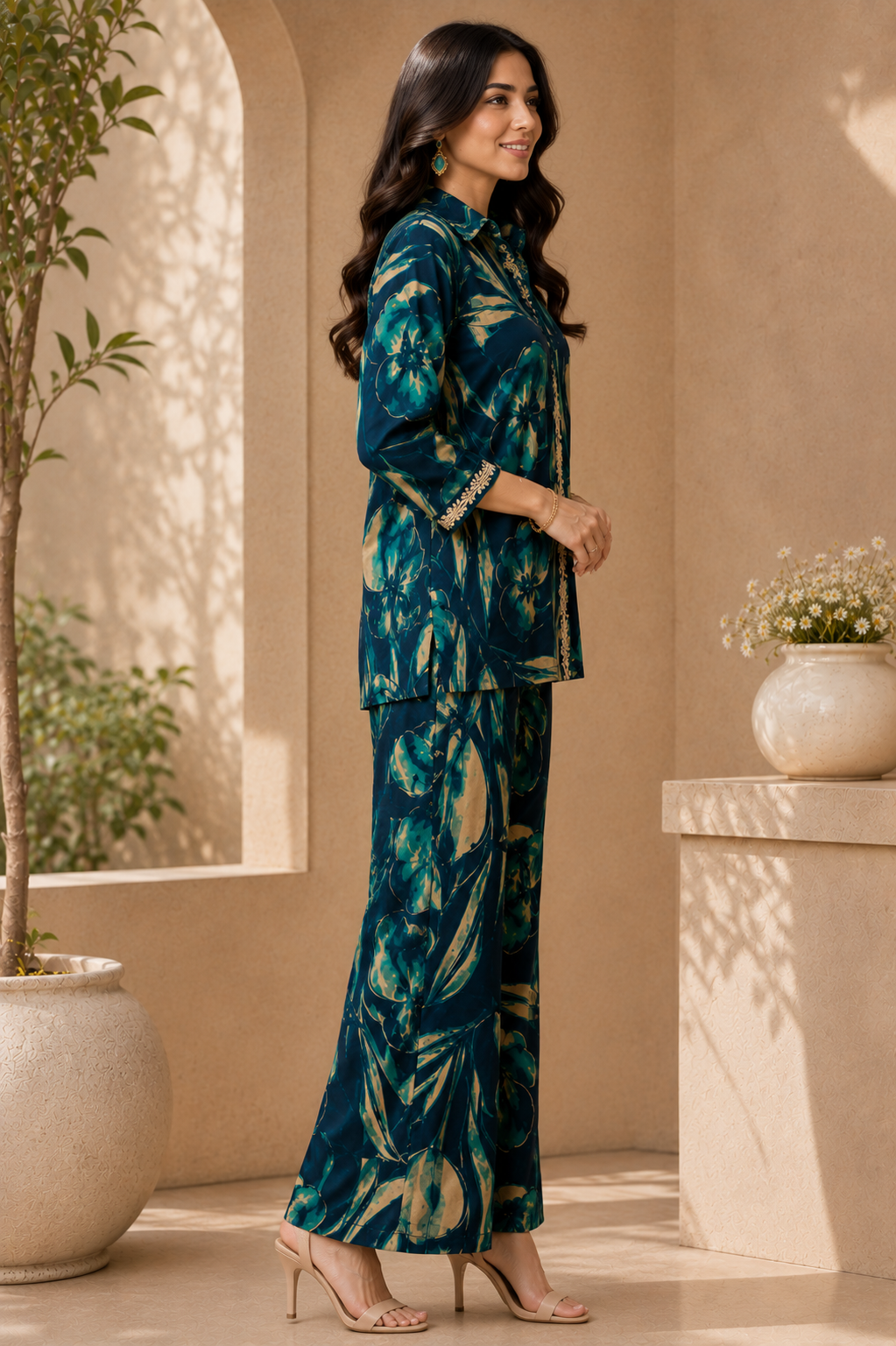 Blue Floral Print Shirt Collar Co-Ord Set with Trousers | Claura