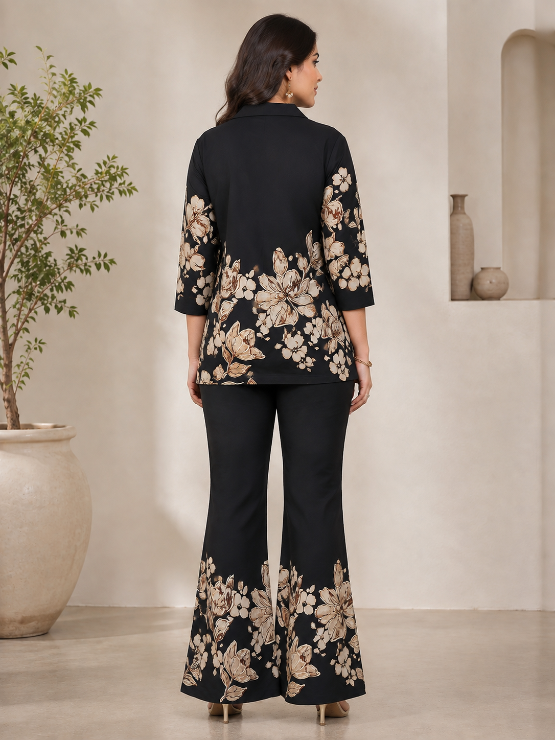 Black Chanderi Silk Floral Co-Ord Set for Women | Claura