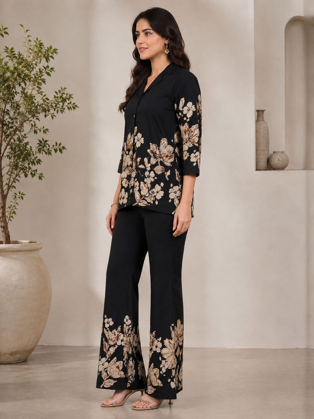 Black Chanderi Silk Floral Co-Ord Set for Women | Claura