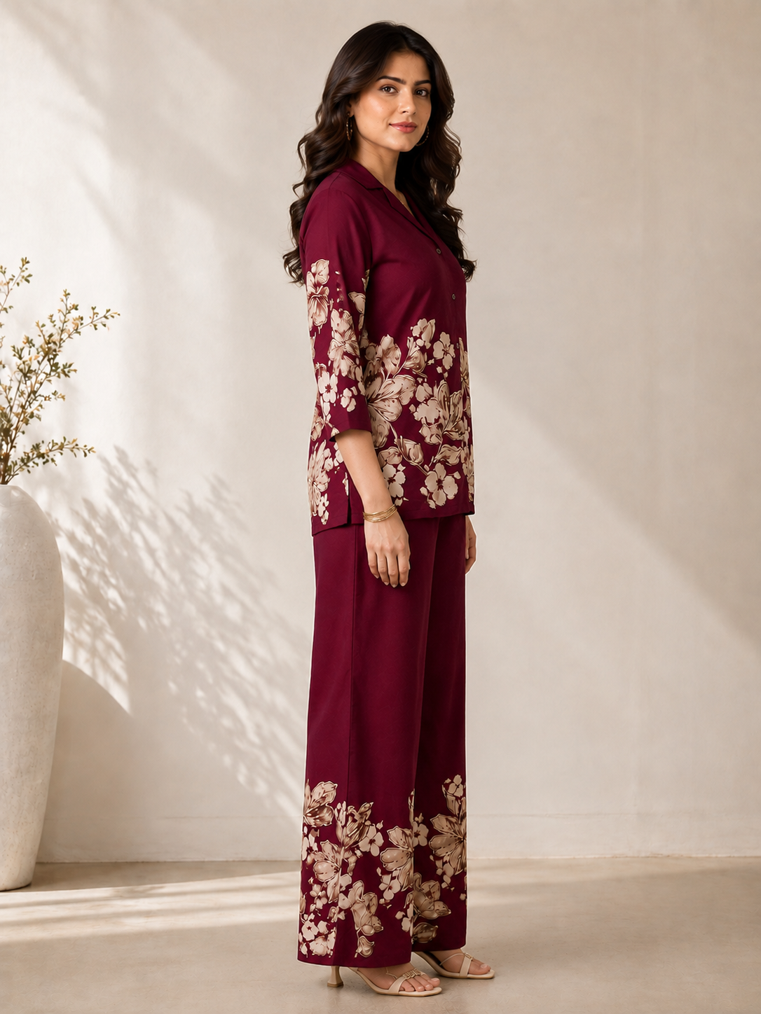 Wine Floral Printed Chanderi Silk Co-Ord Set for Women