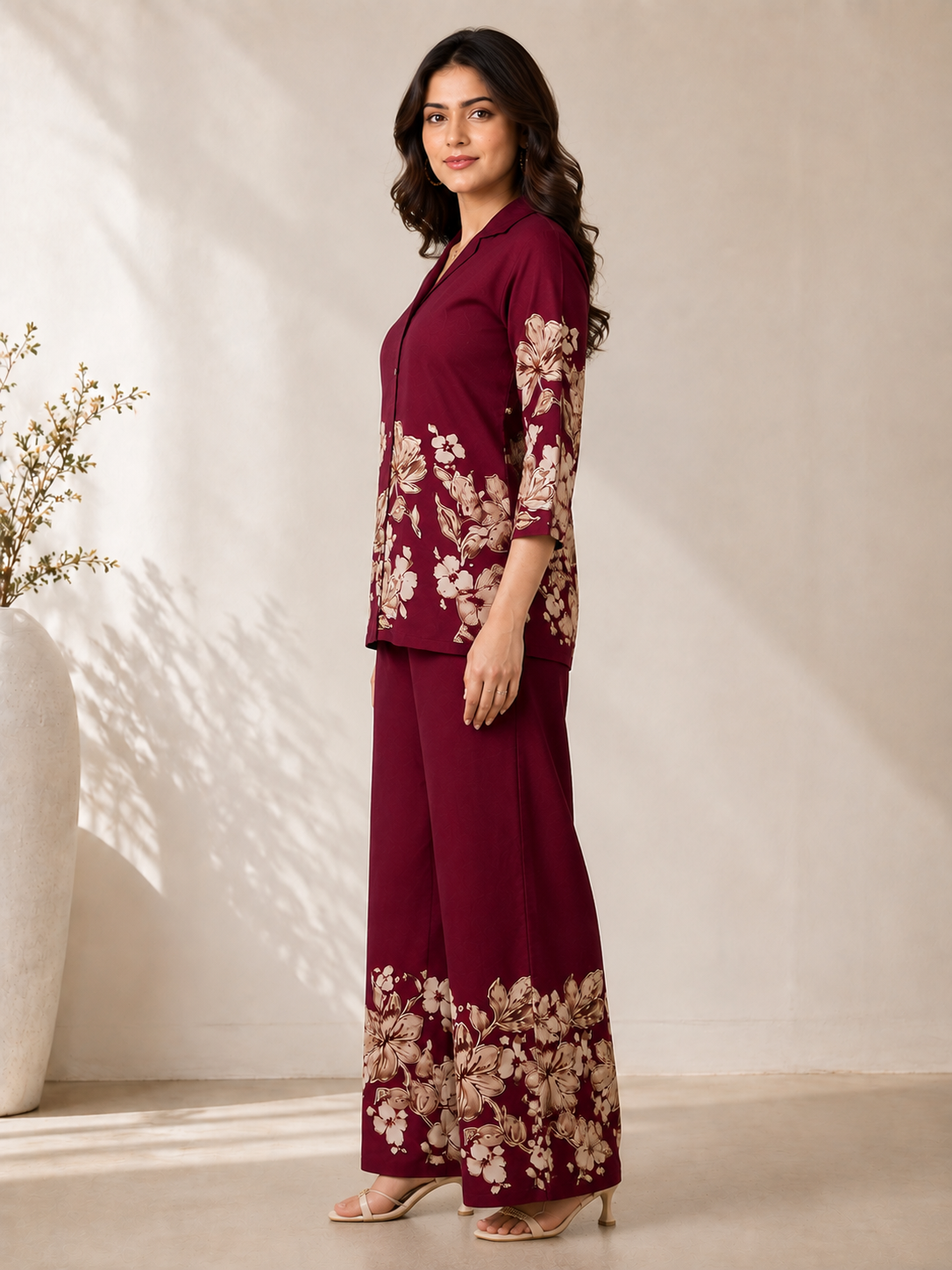 Wine Floral Printed Chanderi Silk Co-Ord Set for Women