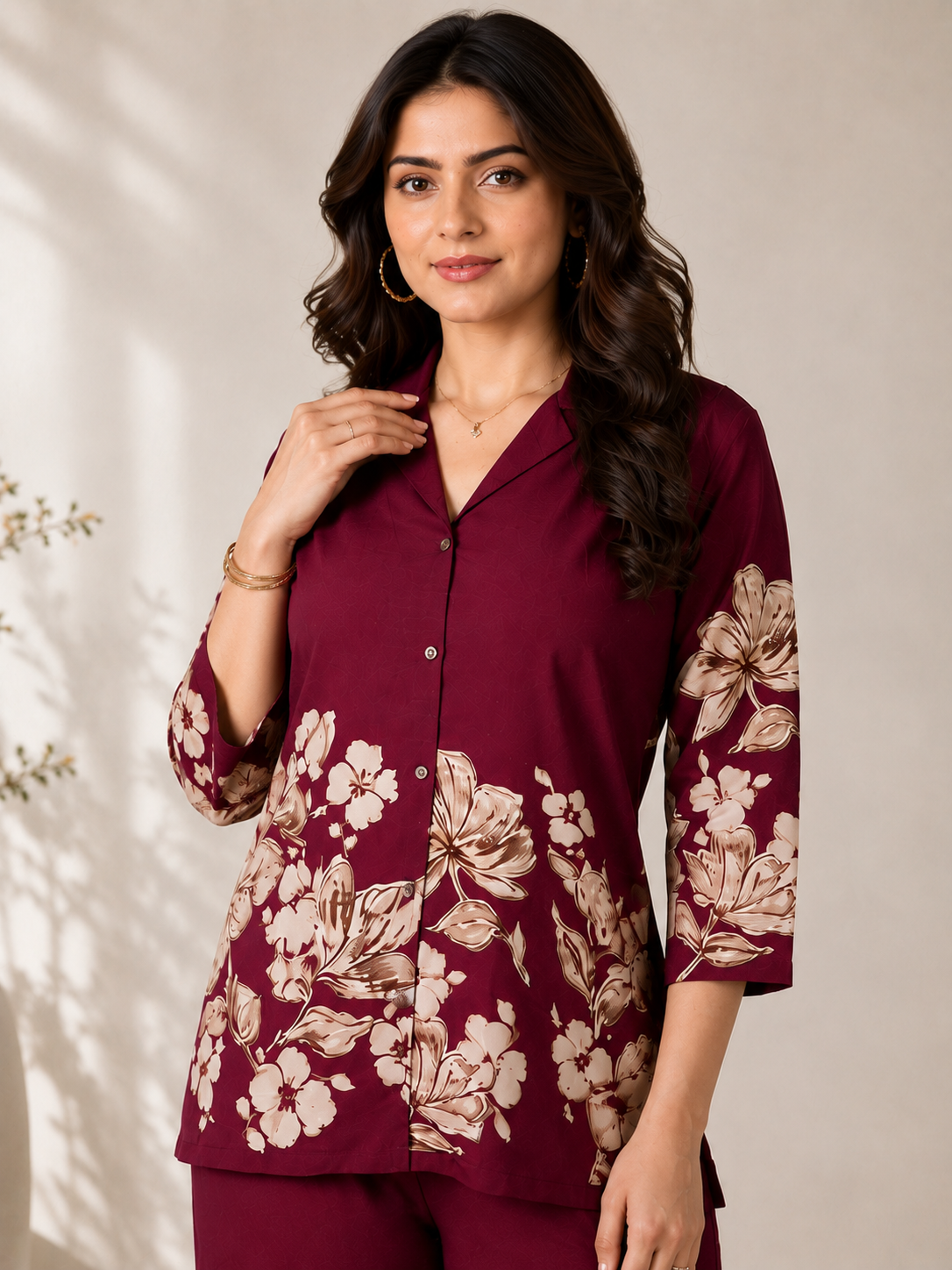 Wine Floral Printed Chanderi Silk Co-Ord Set for Women