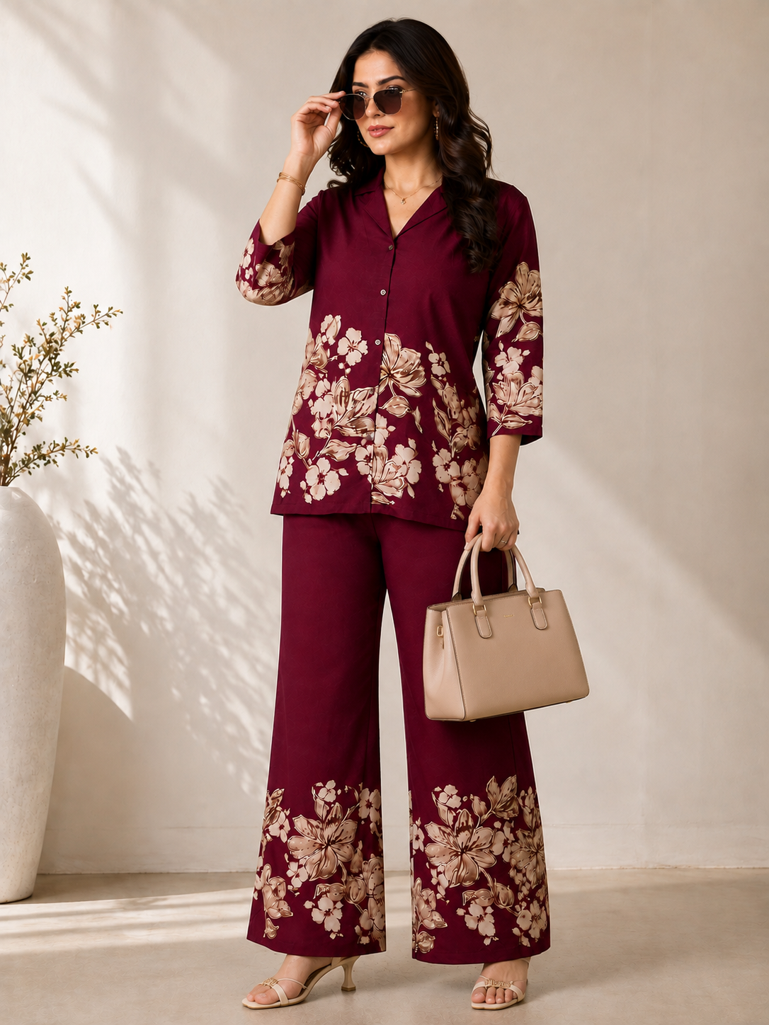 Wine Floral Printed Chanderi Silk Co-Ord Set for Women