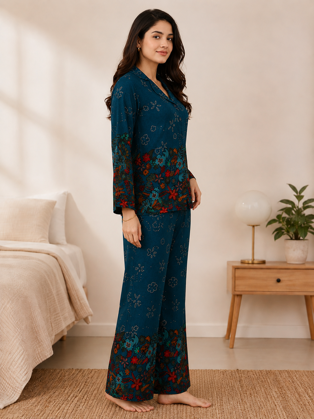 Teal Blue Floral Viscose Rayon Night Suit for Women | Claura