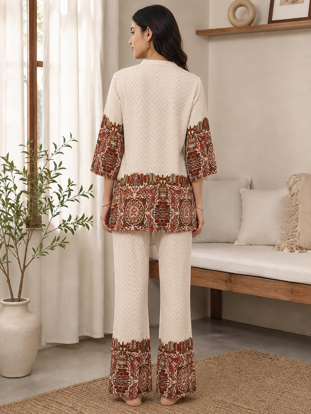 White Viscose Rayon Abstract Printed Co-ord Set for Women
