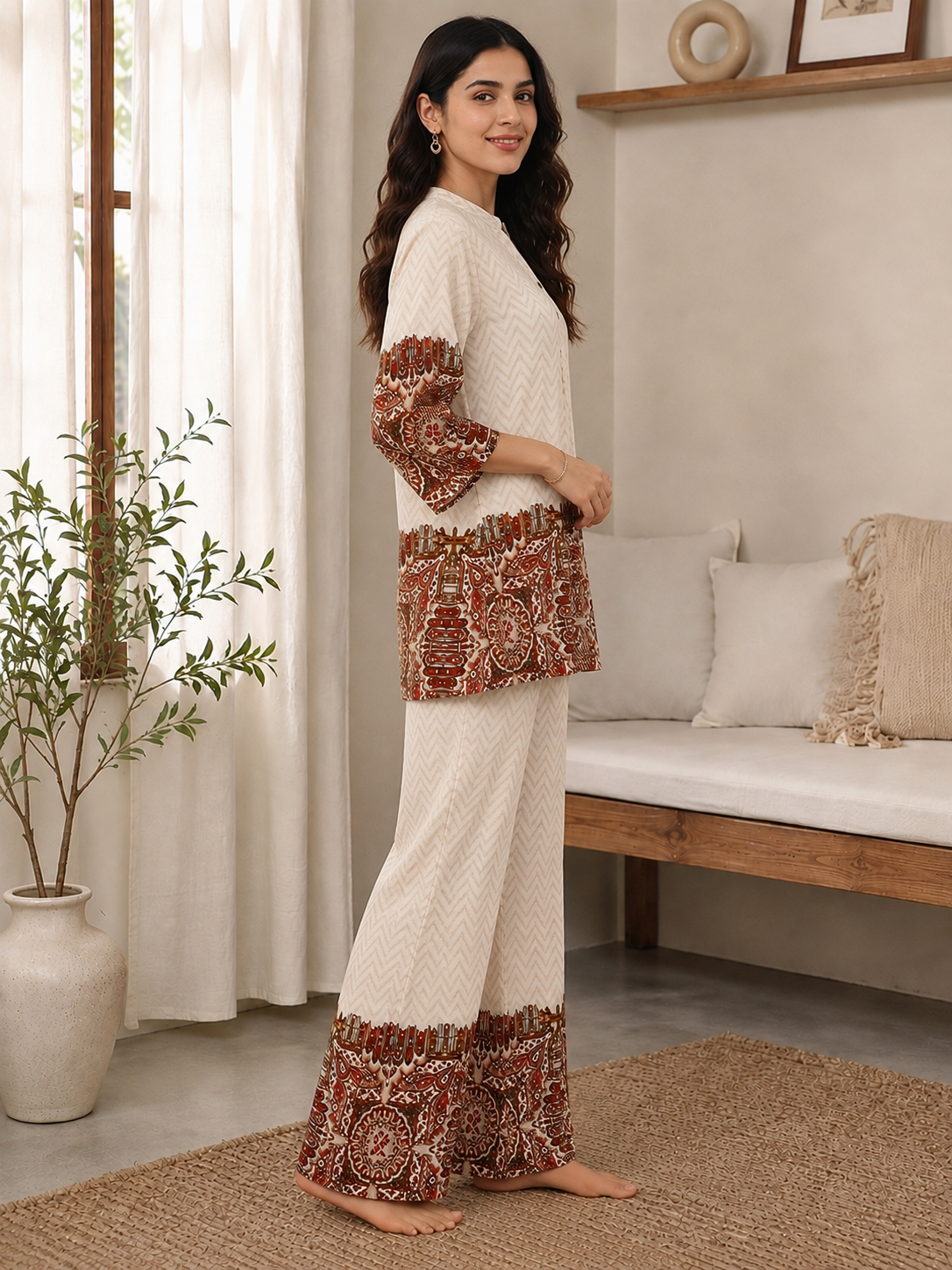 White Viscose Rayon Abstract Printed Co-ord Set for Women