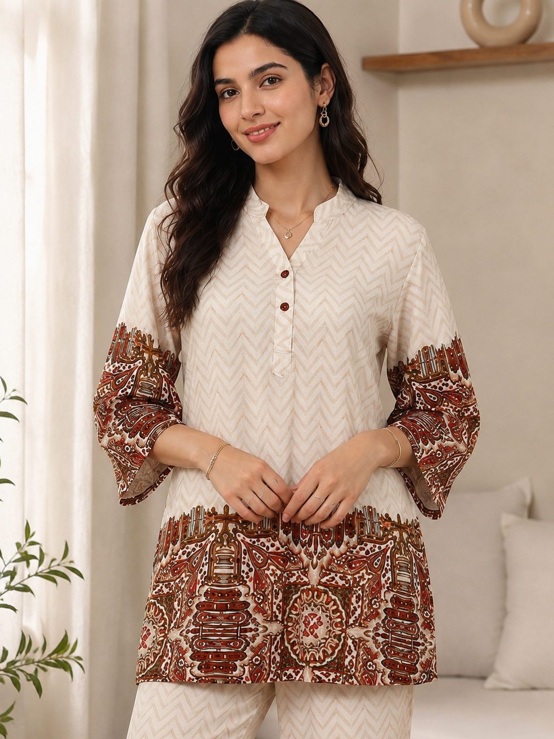 White Viscose Rayon Abstract Printed Co-ord Set for Women