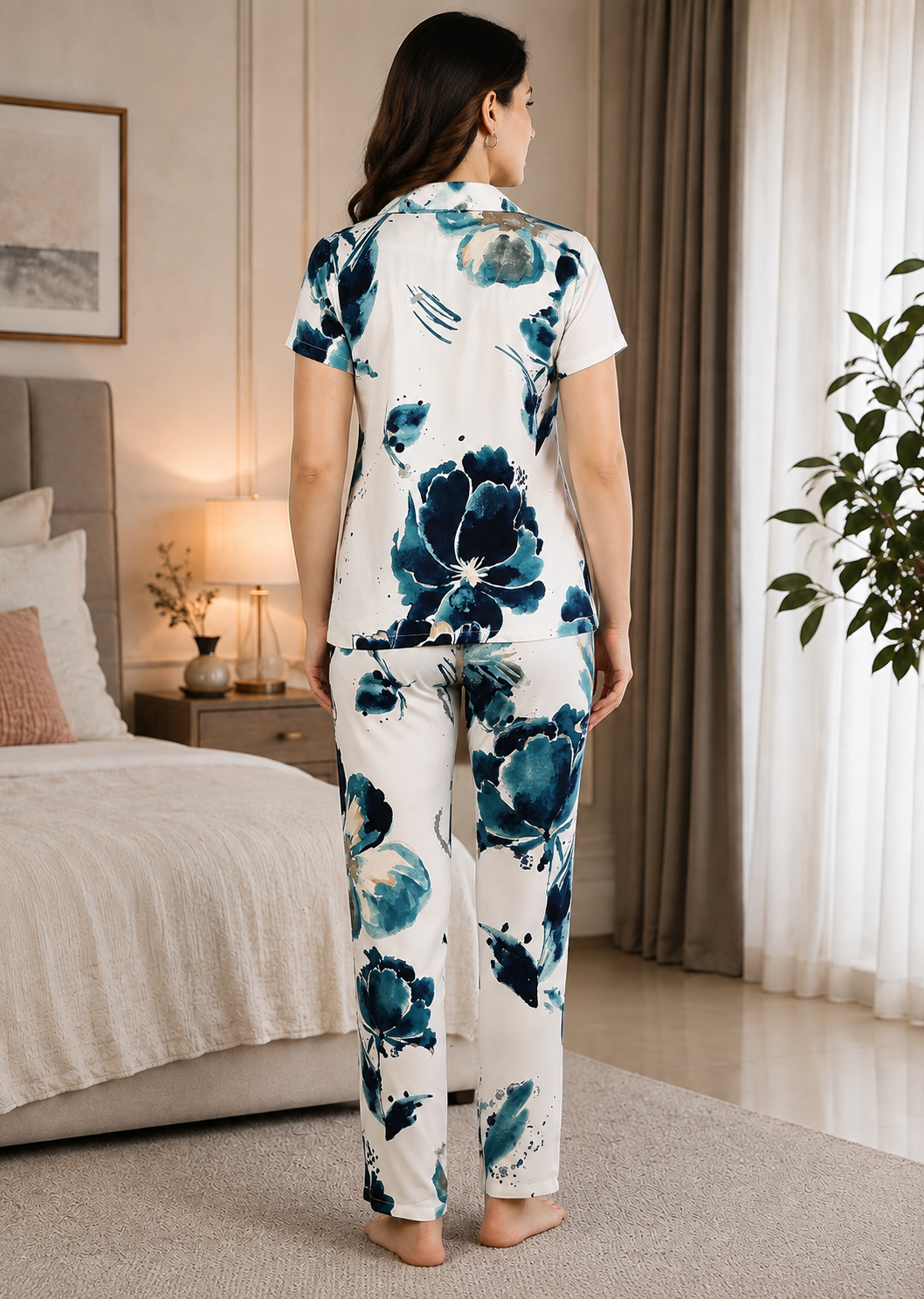 Blue Floral Printed Viscose Rayon Night Suit Set for Women | Claura