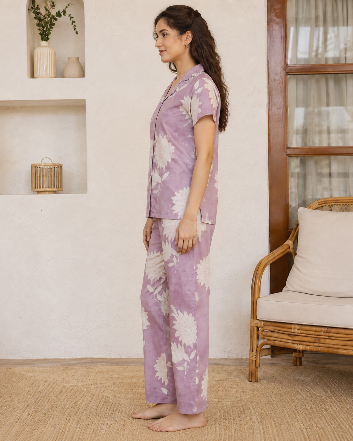 Pink Floral Pure Cotton Night Suit for Women | Claura
