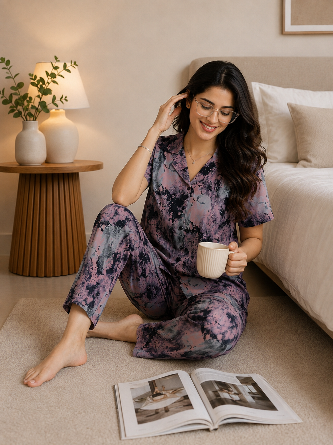 Pink Abstract Viscose Rayon Lapel Collar Night Suit for Women | Claura