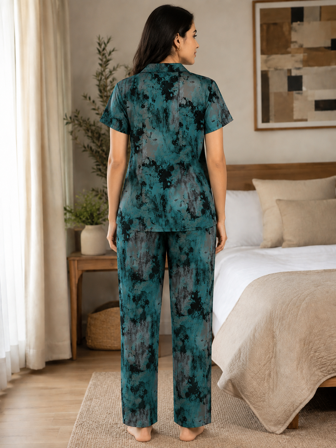 Green & Grey Abstract Viscose Rayon Night Suit for Women | Claura