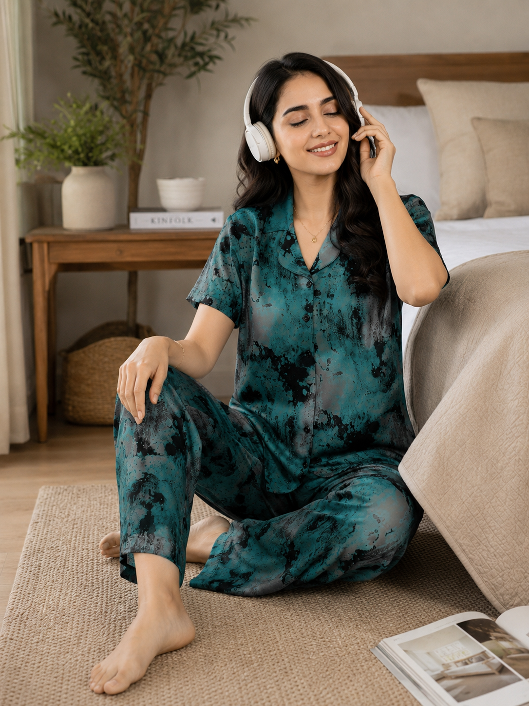 Green & Grey Abstract Viscose Rayon Night Suit for Women | Claura