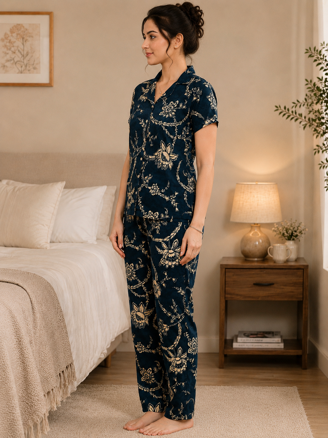 Navy Blue Floral Viscose Rayon Night Suit for Women | Claura