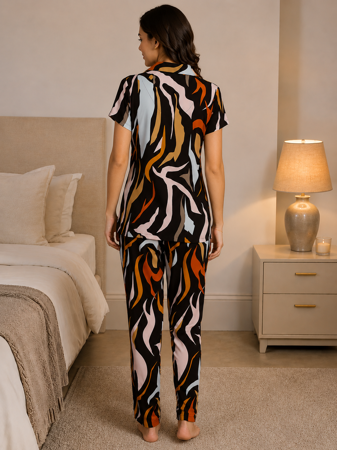 Black Abstract Viscose Rayon Night Suit for Women | Claura