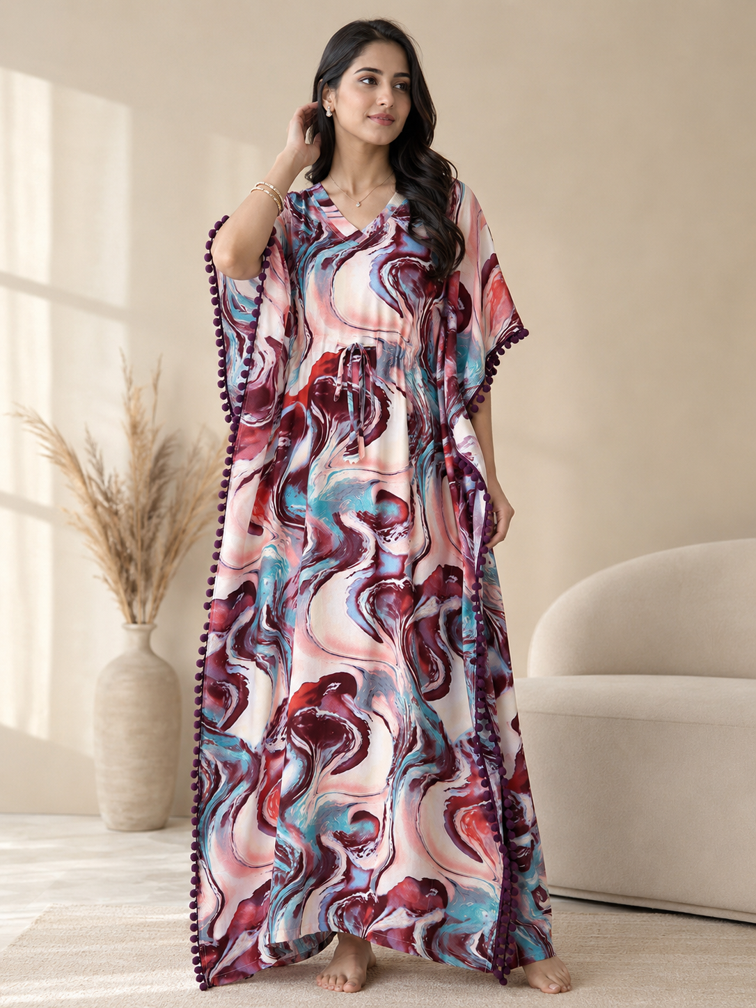 Multicolor Abstract Rayon Kaftan Dress for Women | Claura