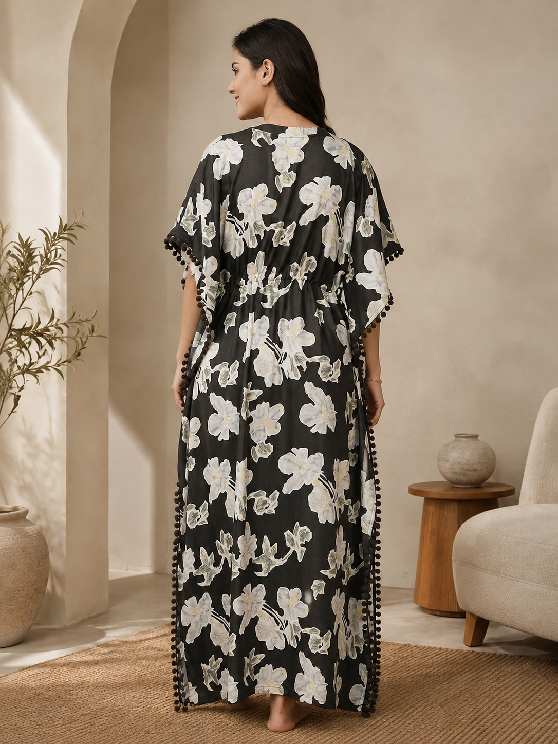 Brown Floral Rayon Kaftan for Women | Maxi | Claura
