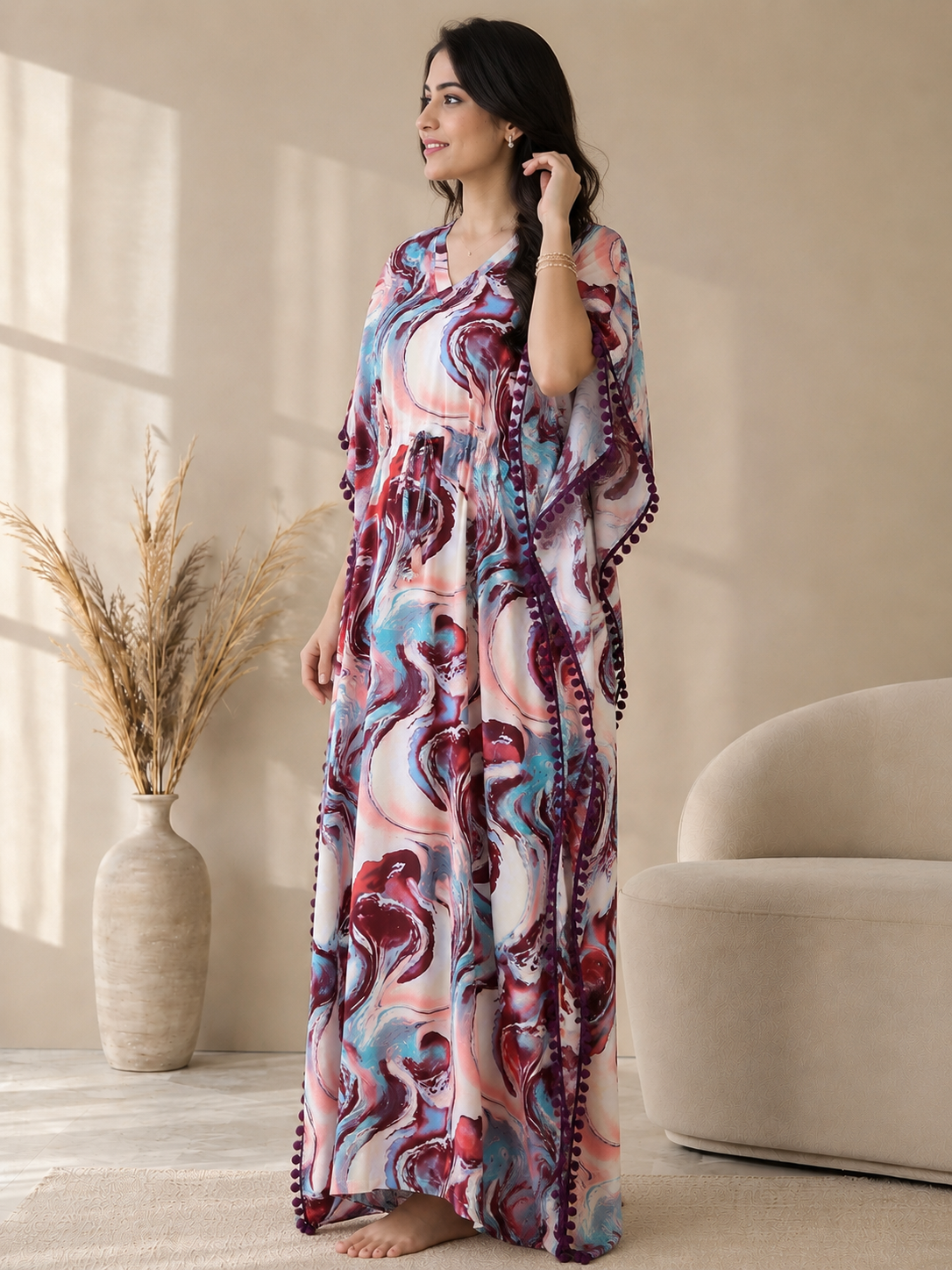 Multicolor Abstract Rayon Kaftan Dress for Women | Claura