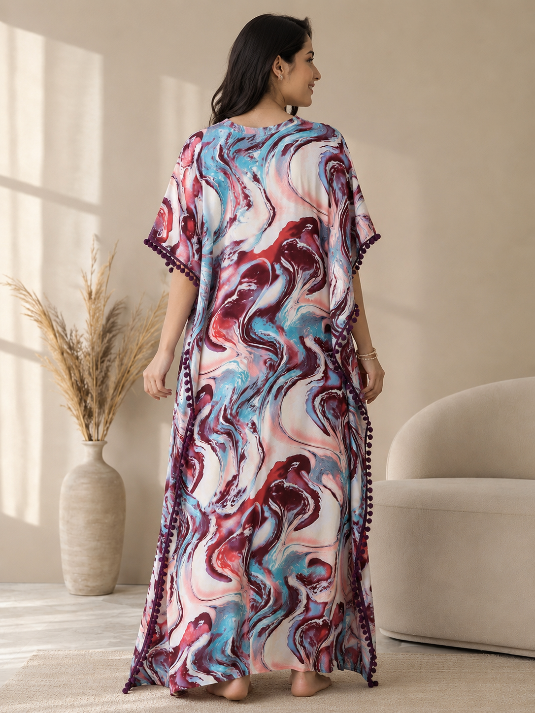 Multicolor Abstract Rayon Kaftan Dress for Women | Claura