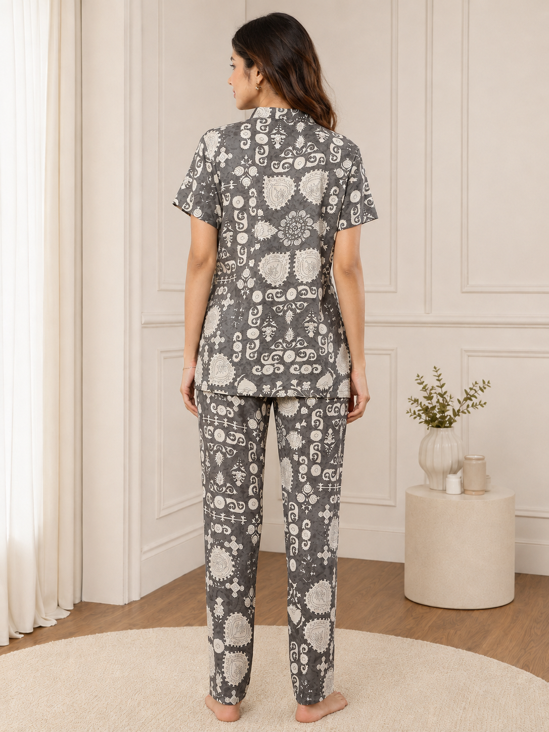 Grey Color Viscose Rayon Abstract Printed Night Suit for Women | Claura