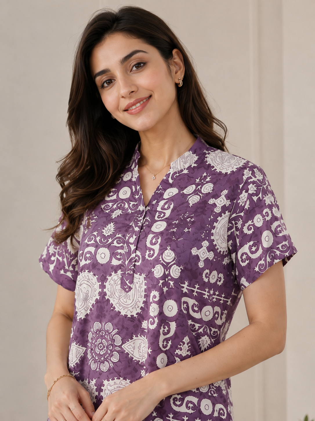 Mauve Color Viscose Rayon Abstract Printed Night Suit for Women | Claura