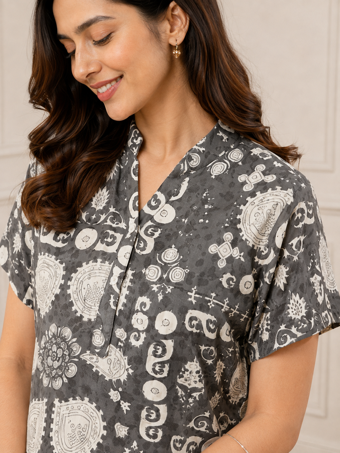 Grey Color Viscose Rayon Abstract Printed Night Suit for Women | Claura