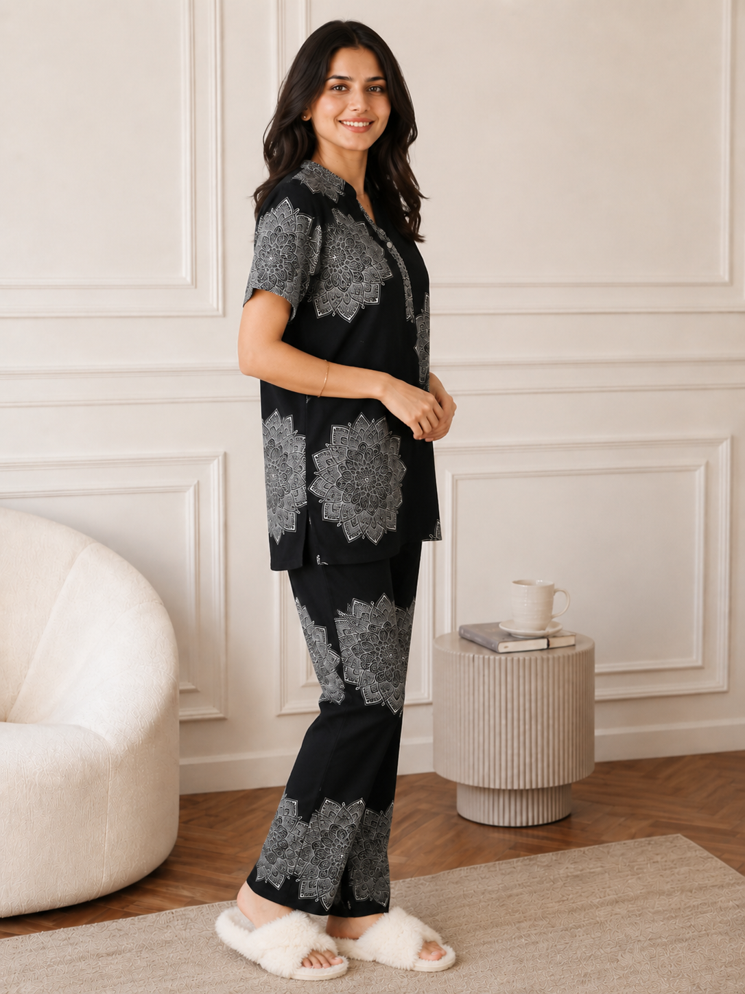 Black Color Abstract Printed Viscose Rayon Night Suit For Women | Claura