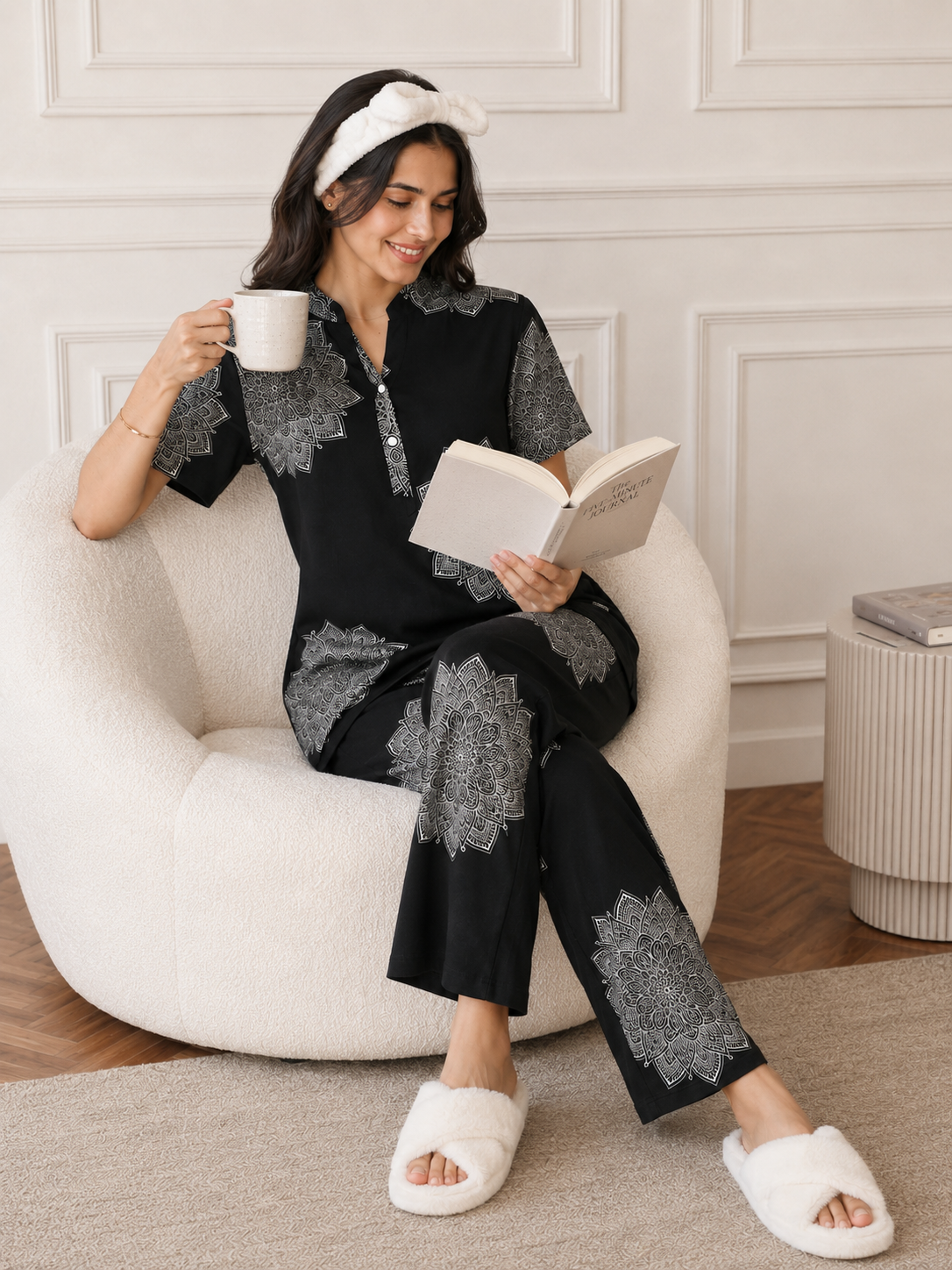 Black Color Abstract Printed Viscose Rayon Night Suit For Women | Claura