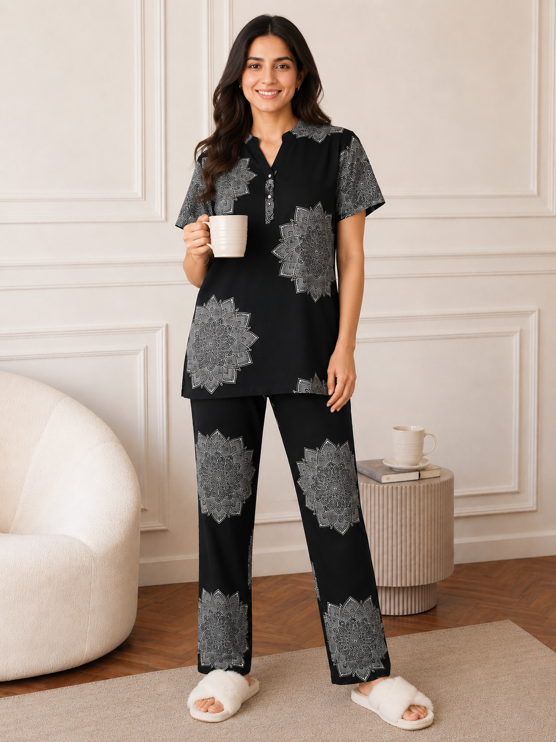Black Color Abstract Printed Viscose Rayon Night Suit For Women | Claura