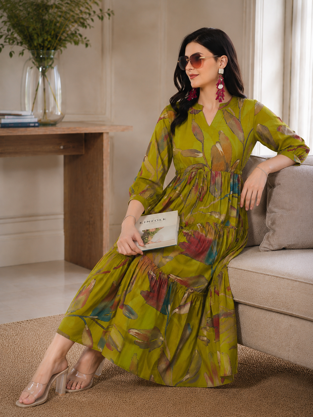 Mustard Yellow Floral Print Fit & Flare dress for Women | Claura