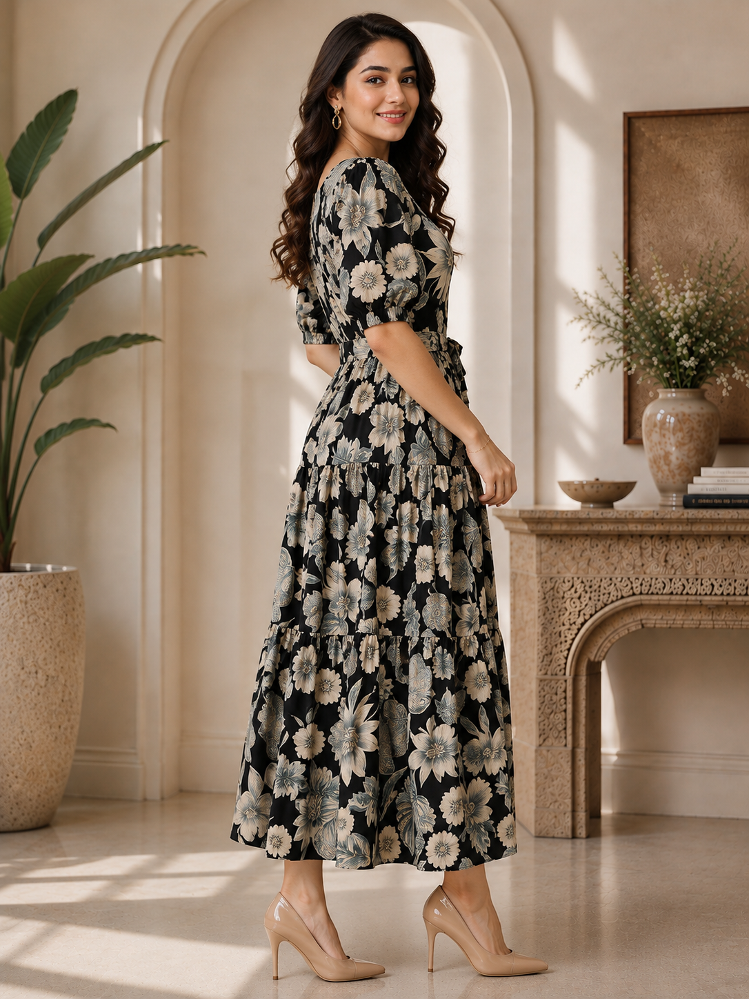 Black Floral Printed Cotton Ethnic Square Neck Dress for Women | Claura