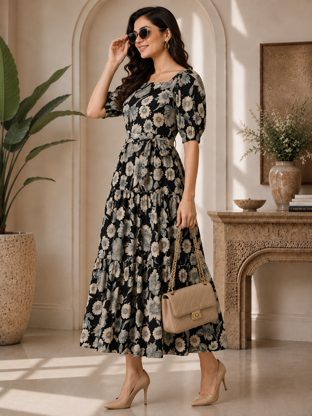 Black Floral Printed Cotton Ethnic Square Neck Dress for Women | Claura