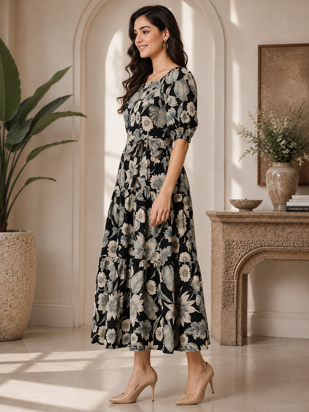 Black Floral Printed Cotton Ethnic Square Neck Dress for Women | Claura