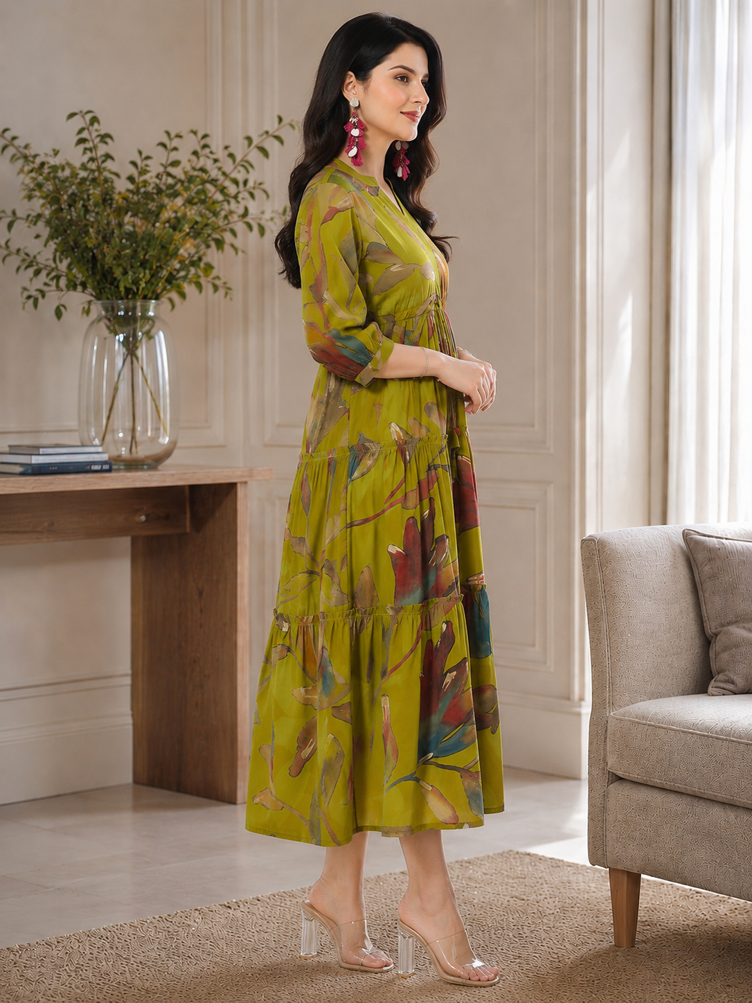 Mustard Yellow Floral Print Fit & Flare dress for Women | Claura