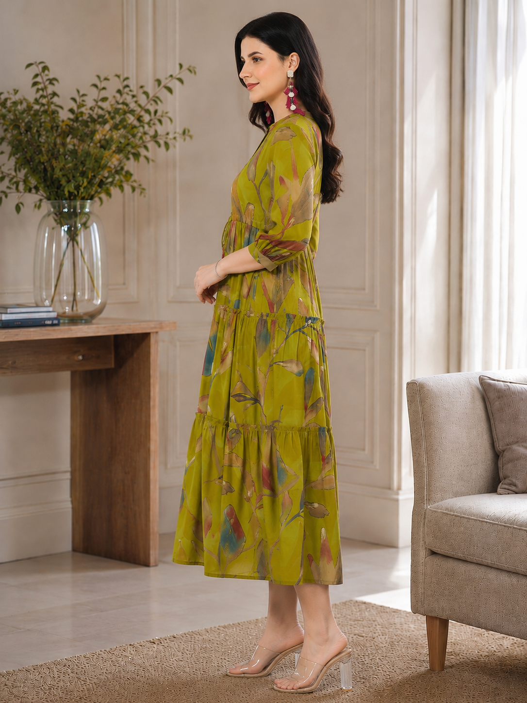 Mustard Yellow Floral Print Fit & Flare dress for Women | Claura