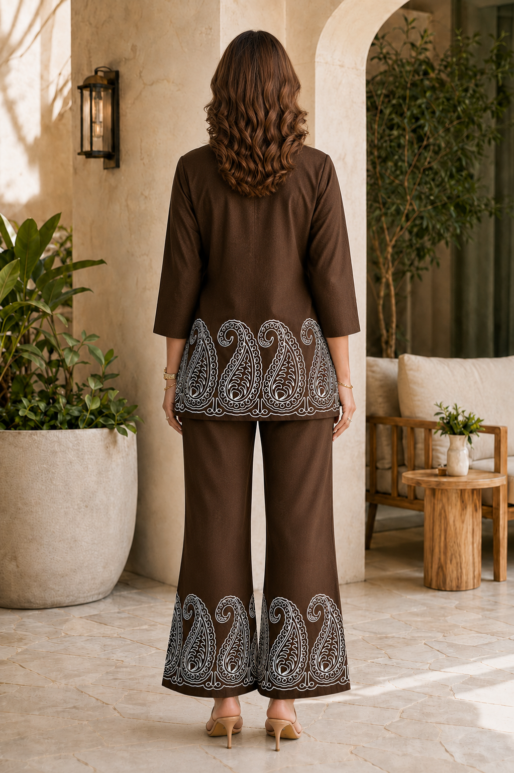Coffee Brown Embroidered Linen Shirt & Trousers Co-Ord Set | Claura