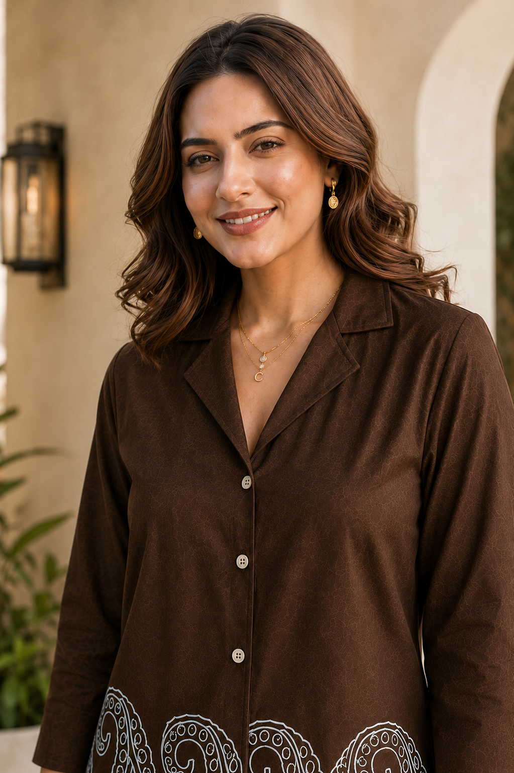 Coffee Brown Embroidered Linen Shirt & Trousers Co-Ord Set | Claura