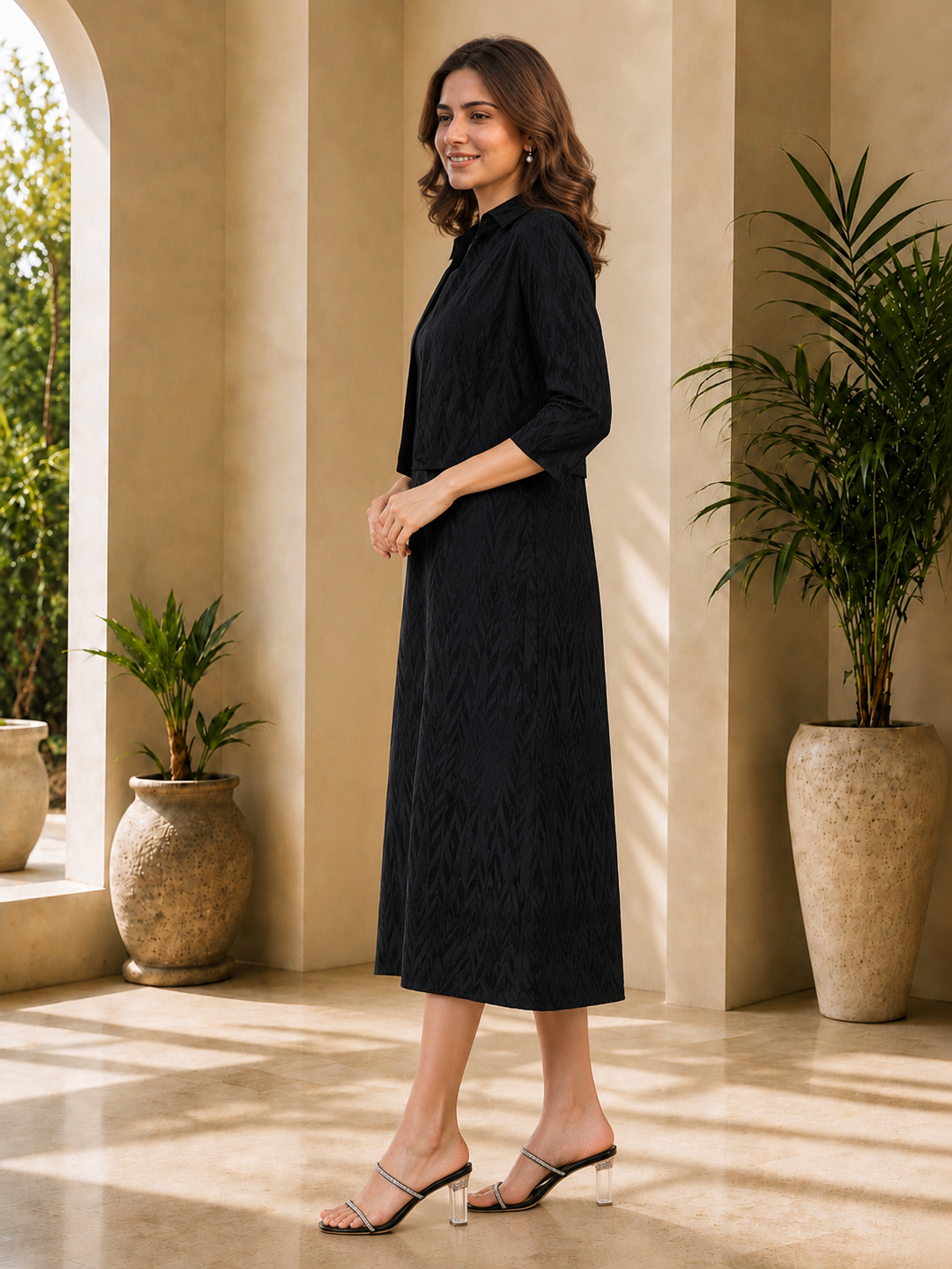 Black Polyester Solid Printed Dress for Women | Claura