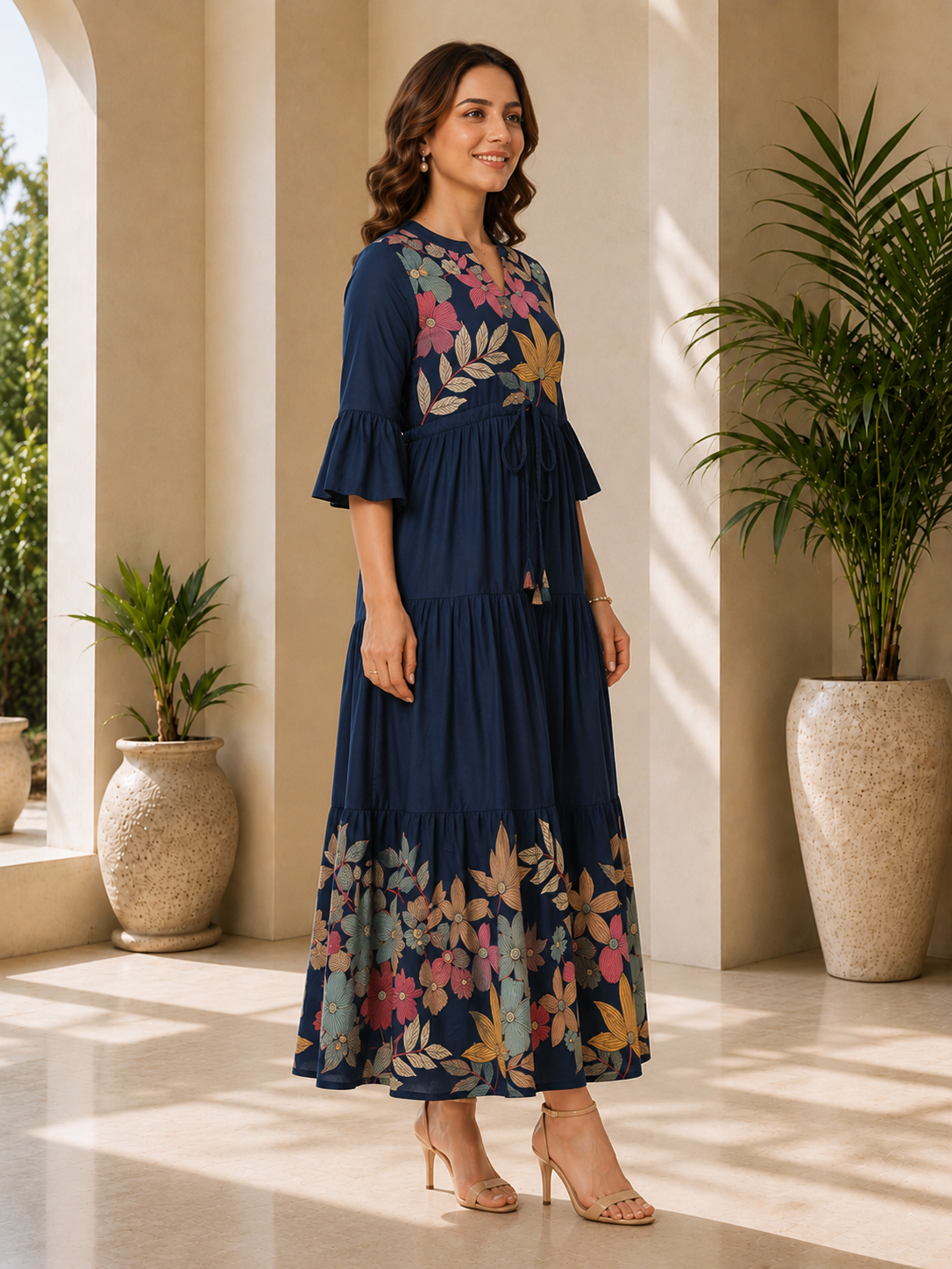 Blue Viscose Rayon Floral Printed Dress for Women | Claura